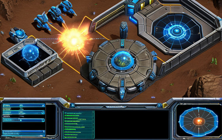 **
A Terran Command Center in Starcraft 2, highlighting the importance of scanning. Show a scan sweeping across the map, revealing enemy base location and unit composition. Emphasize energy management by showing a Reactor attached to the Command Center.
**